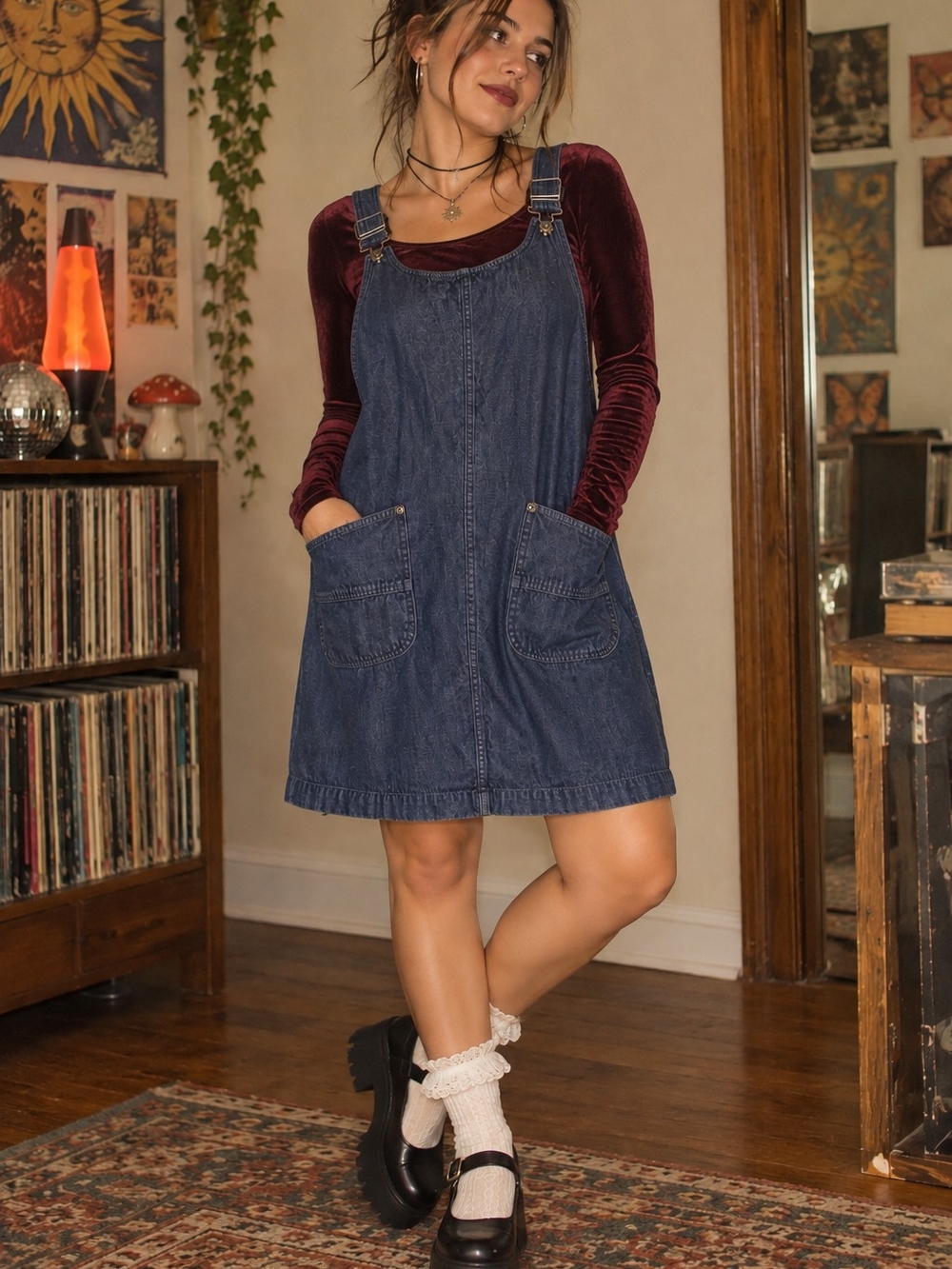 Christopher & Banks Denim Jumper Dress L 90s Vintage Cottagecore Pinafore Blue
